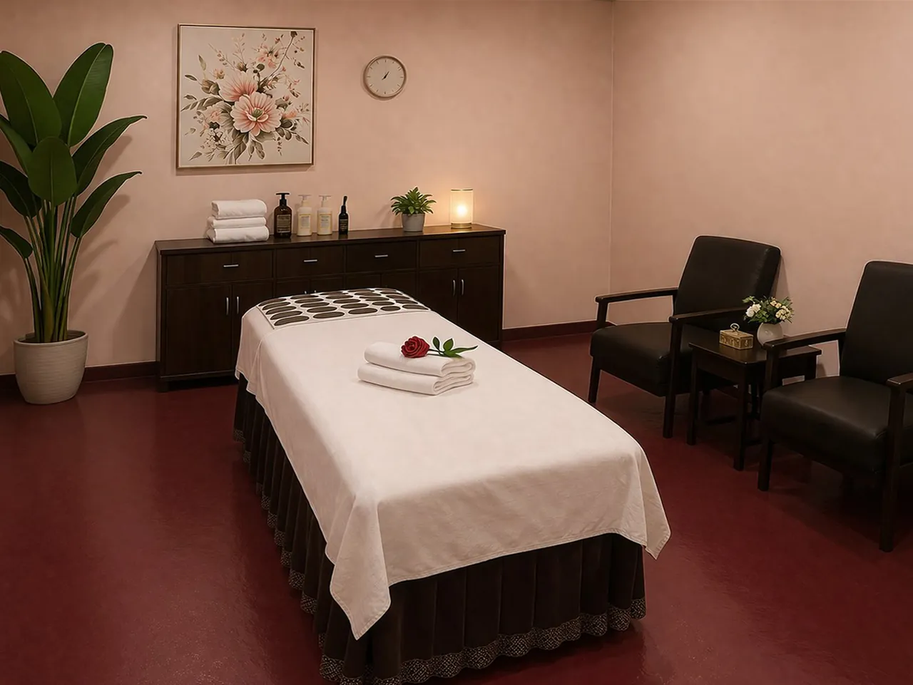 Clean private massage room with blush walls at King Massage in Woodbridge, VA