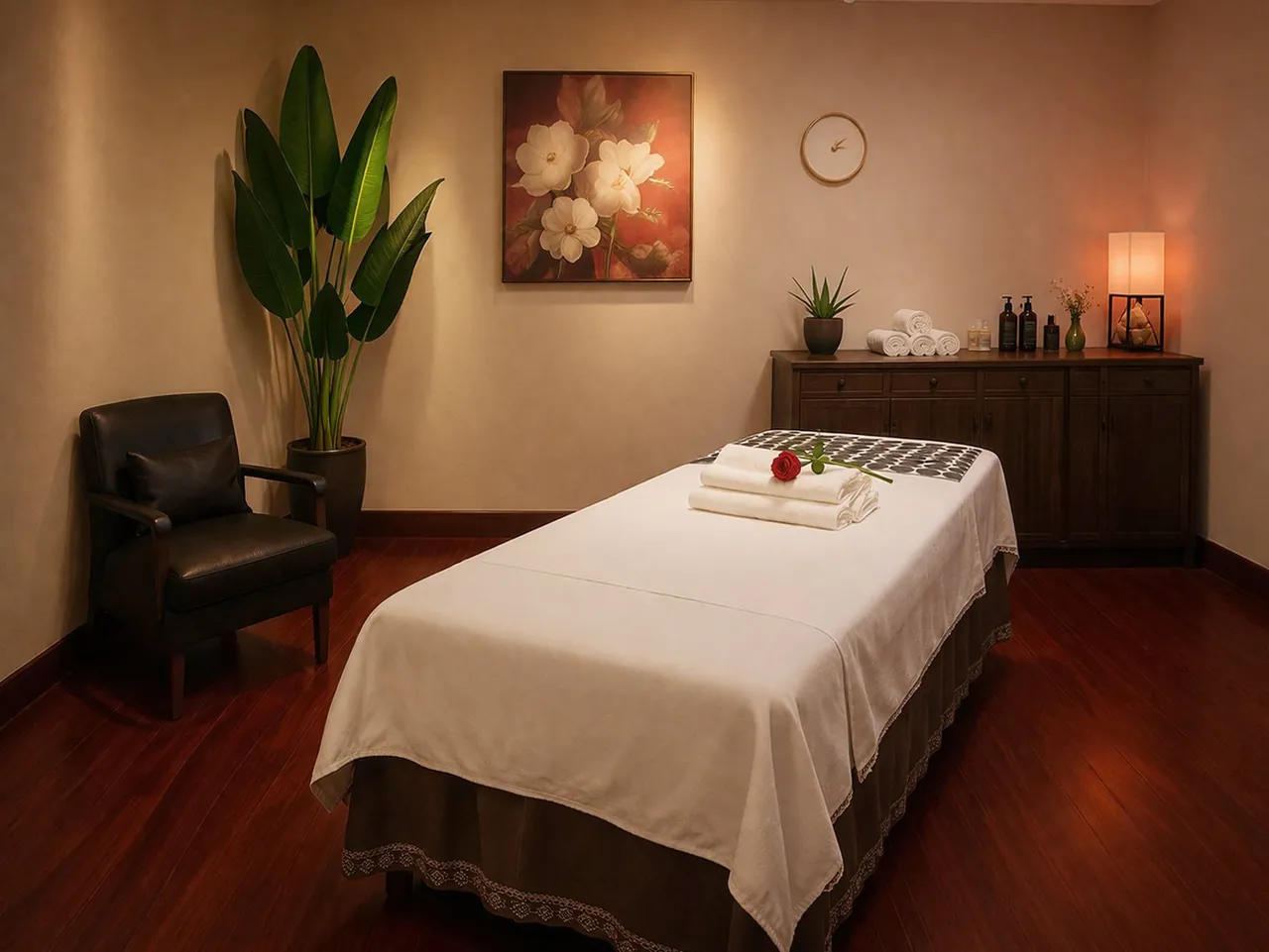Clean, quiet private massage room with warm walls at King Massage in Woodbridge, VA