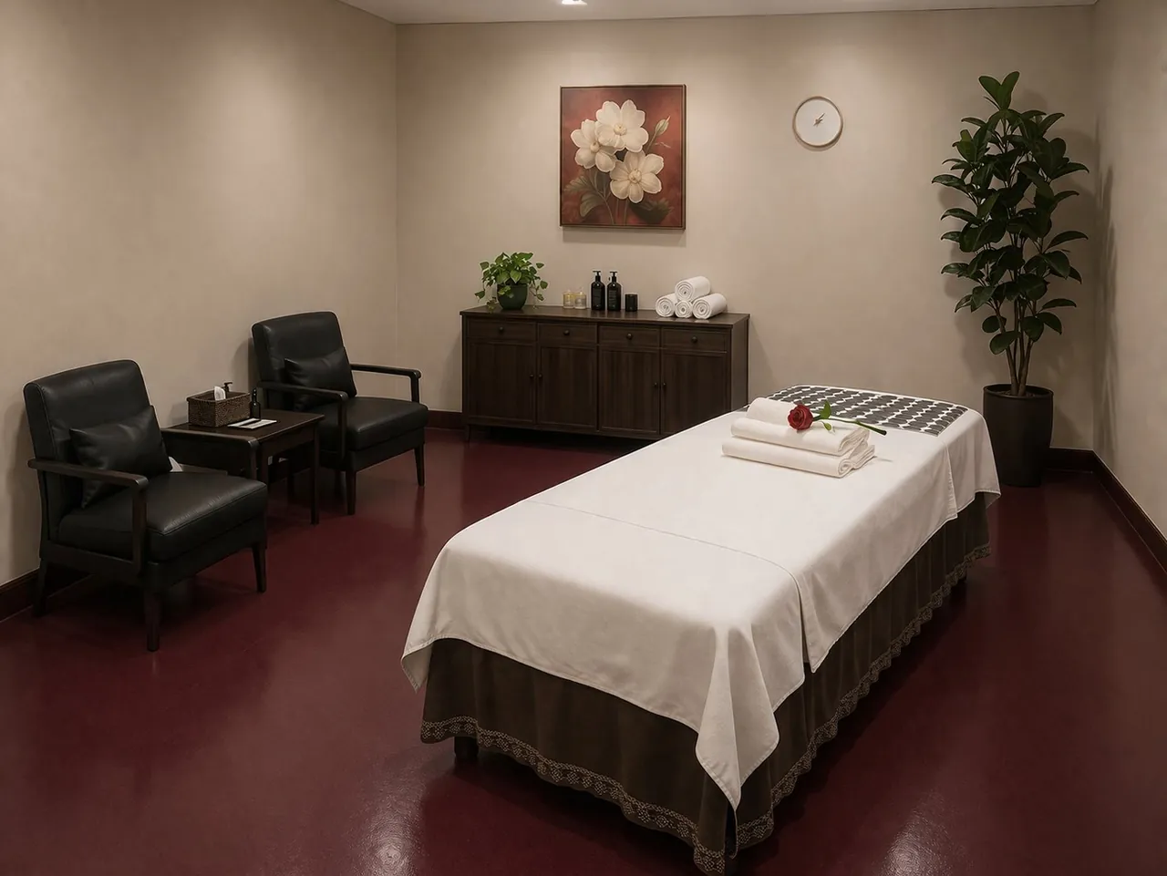 Clean massage room with fresh towels and warm lighting at King Massage in Woodbridge, VA