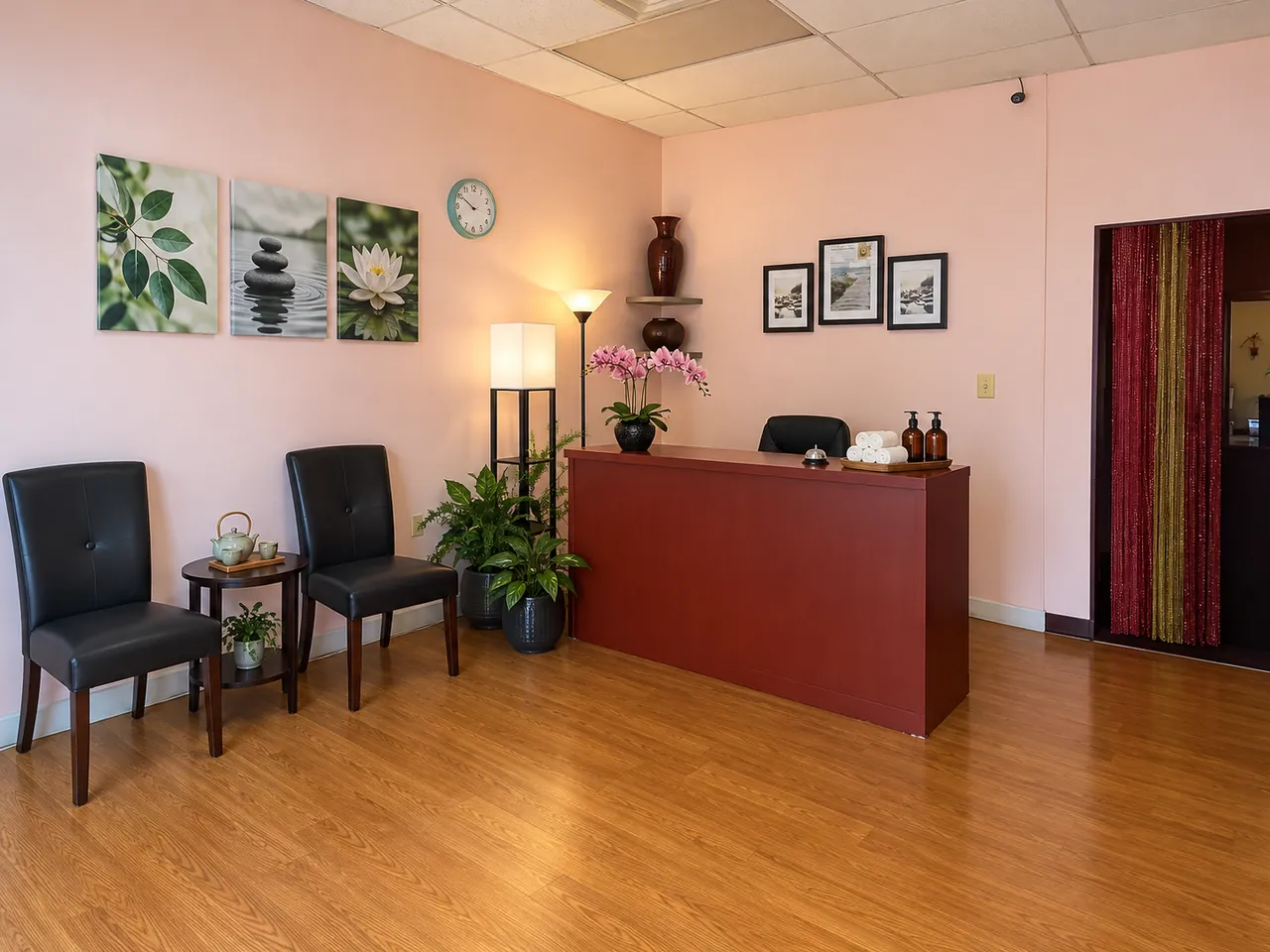Front desk and waiting chairs inside King Massage on Golansky Blvd in Woodbridge, VA