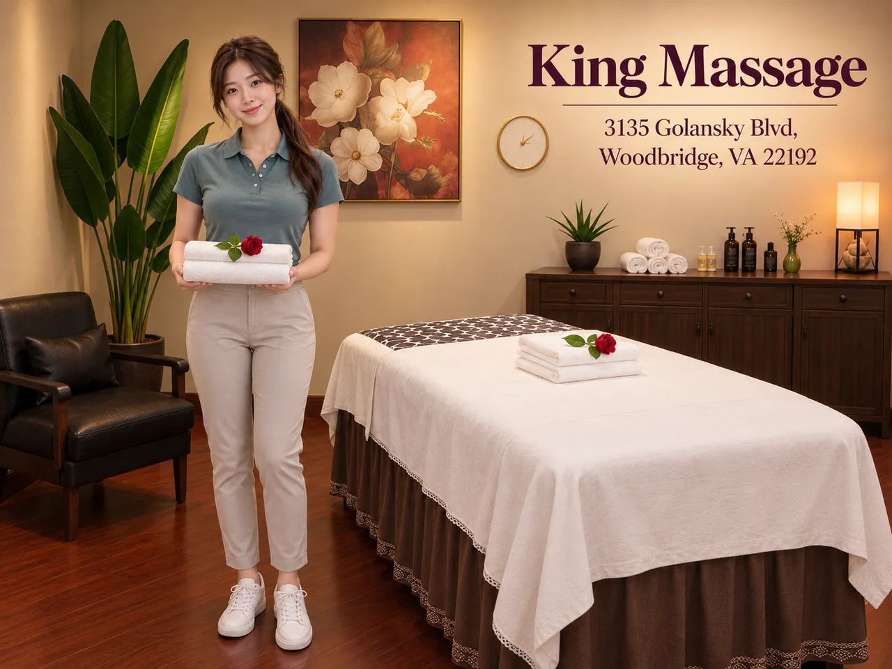 Friendly staff in a clean, private room at King Massage near Lake Ridge, VA