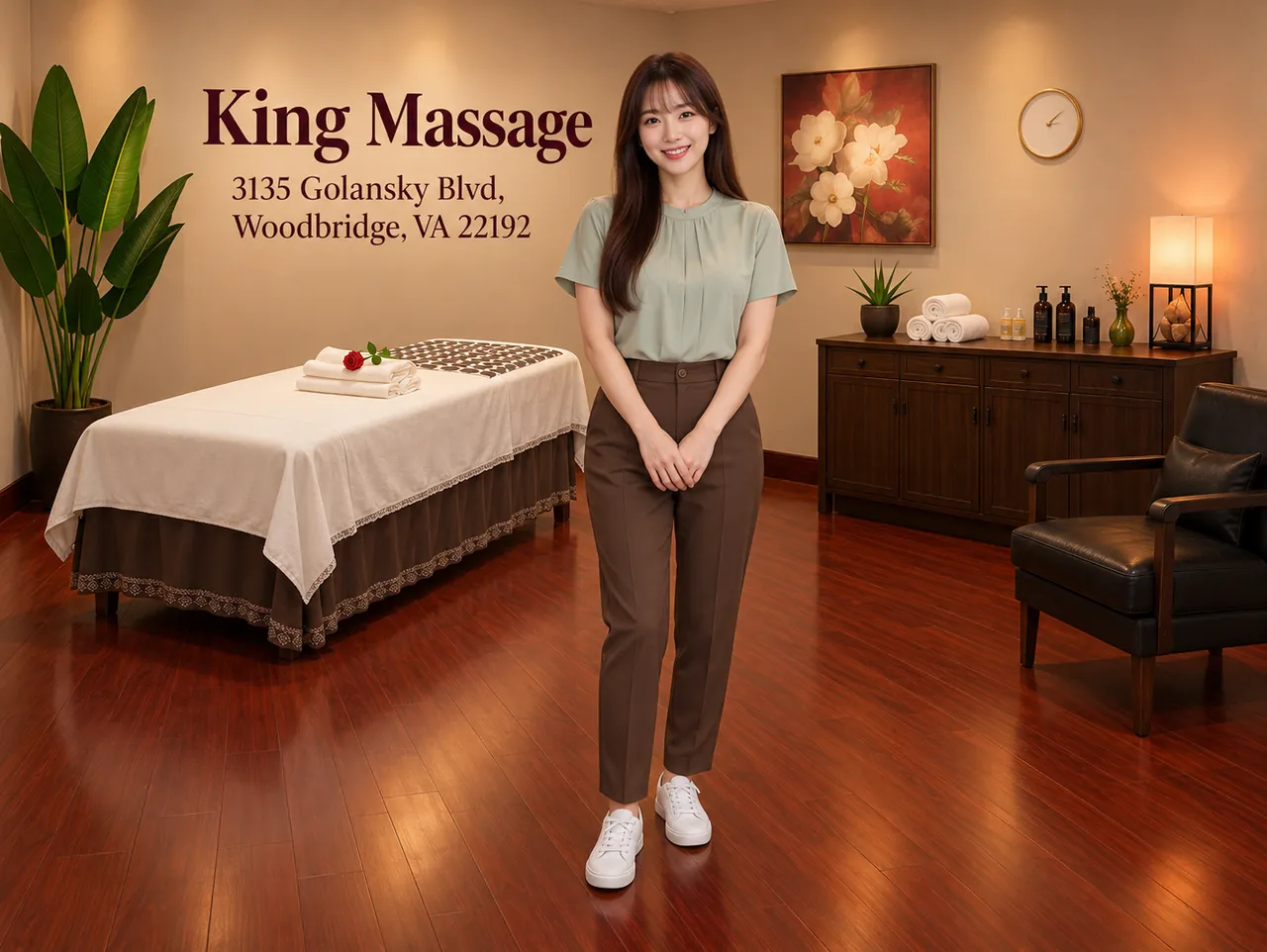 Friendly staff member ready to welcome a guest at King Massage in Woodbridge, VA