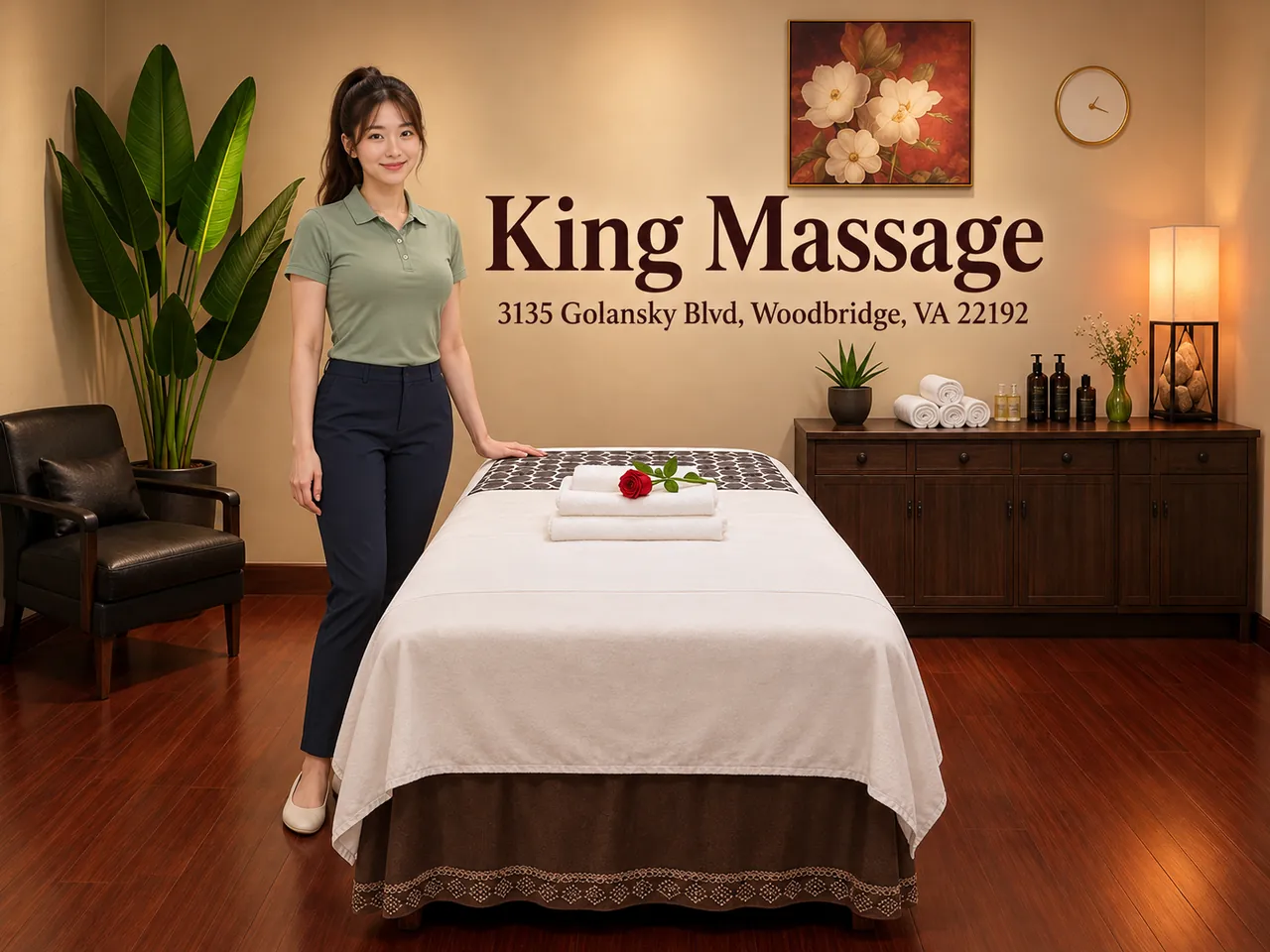 Staff member beside a clean massage table at King Massage in Woodbridge, VA