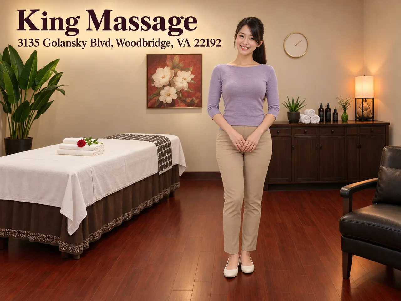 Friendly staff member in a clean massage room at King Massage in Woodbridge, VA