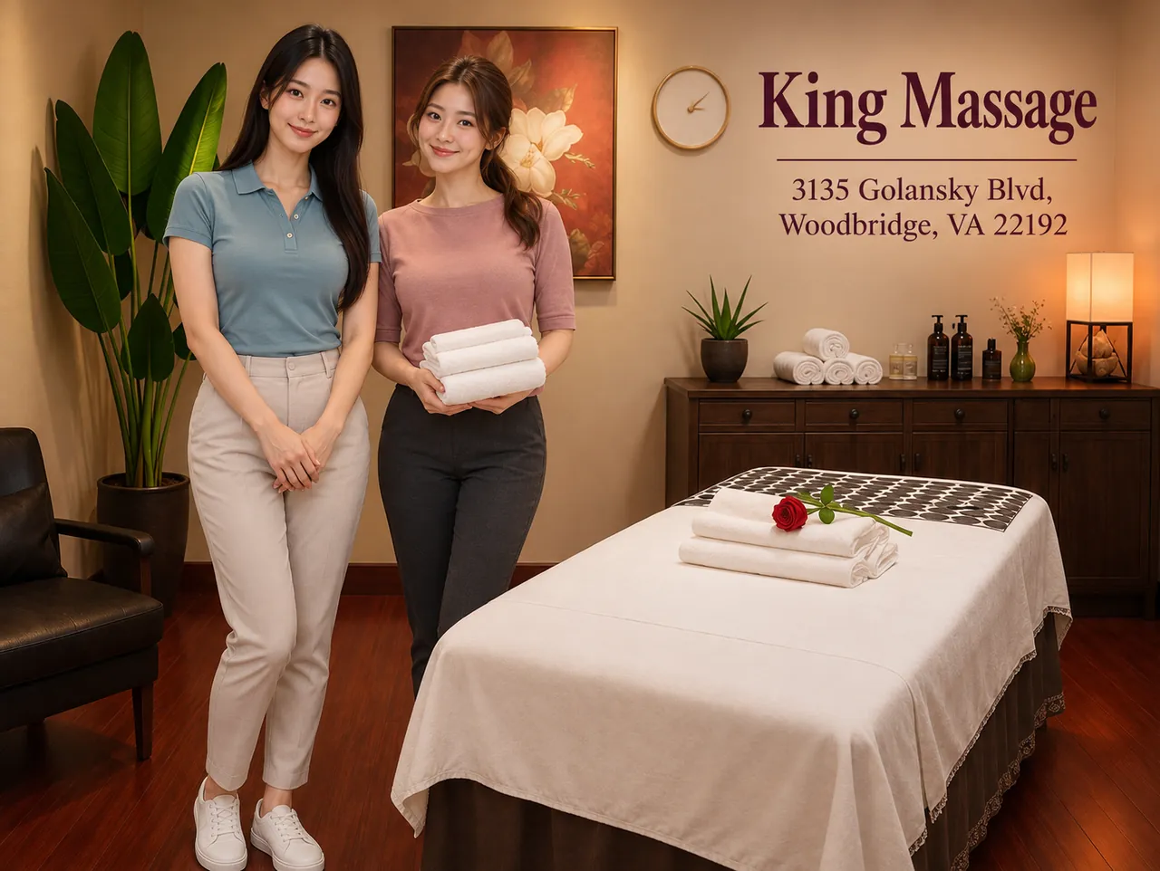 Two staff members beside a made-up massage table at King Massage in Woodbridge, VA