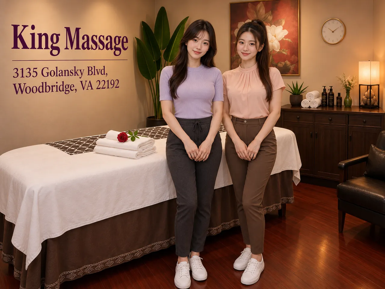 Two friendly staff members in a clean, welcoming massage room at King Massage in Woodbridge, VA