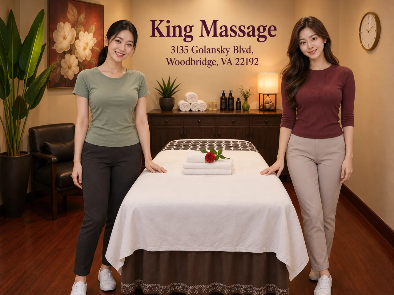 Two friendly staff members on each side of a massage table at King Massage in Woodbridge, VA